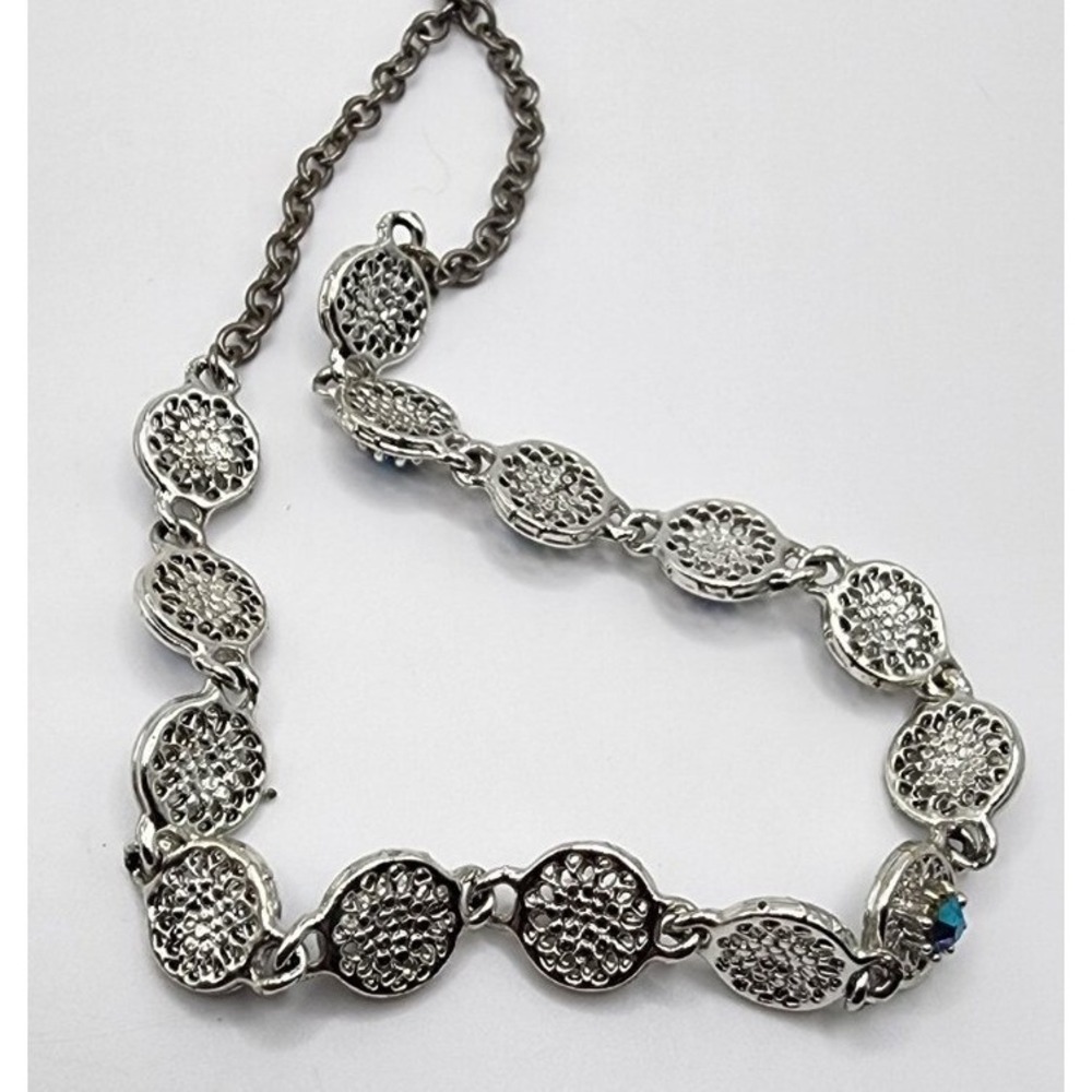 Vintage Dark Blue Aurora Borealis Rhinestone Silver Tone Filagree Necklace 17.5" - Picture 11 of 15
